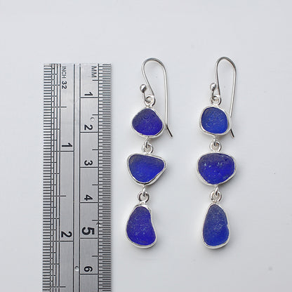 Sea Glass Three Drop Earrings in Cobalt Blue