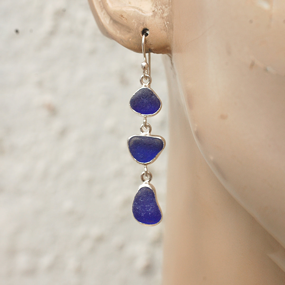 Sea Glass Three Drop Earrings in Cobalt Blue