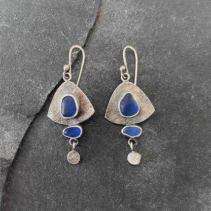 Reserved - Blue Sea Glass Sheild Earrings