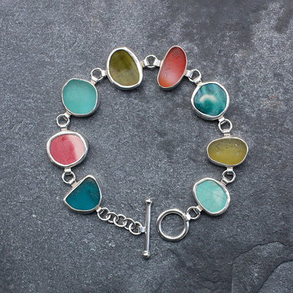 Mixed Found Objects Bracelet in Sap Green, Deep Teal, Pinks & Sea Green