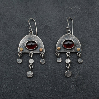 Rustic Shield earrings with Garnet Cabochons and Gold Dots