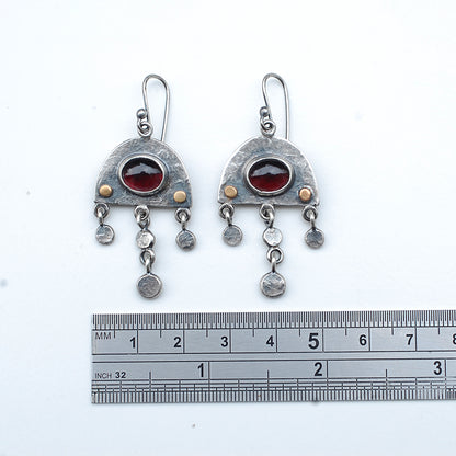Rustic Shield earrings with Garnet Cabochons and Gold Dots
