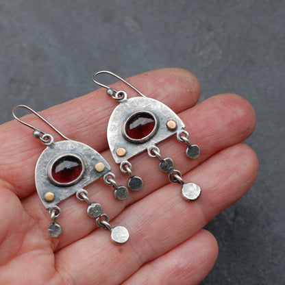 Rustic Shield earrings with Garnet Cabochons and Gold Dots
