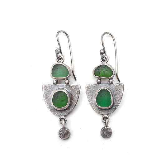 Hammered Sterling Silver Shield Earrings with Green Sea Glass