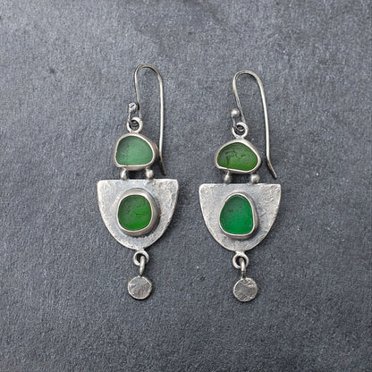 Hammered Sterling Silver Shield Earrings with Green Sea Glass