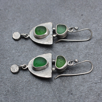 Hammered Sterling Silver Shield Earrings with Green Sea Glass