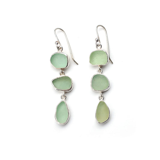 Sea Glass Three Drop Earrings in Pale Green