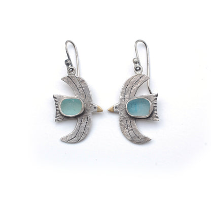 Rustic Seafoam Sea Glass Bird Earrings Large