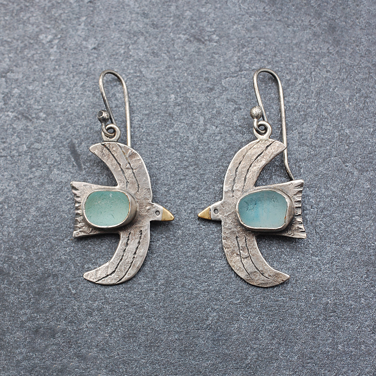Rustic Seafoam Sea Glass Bird Earrings Large