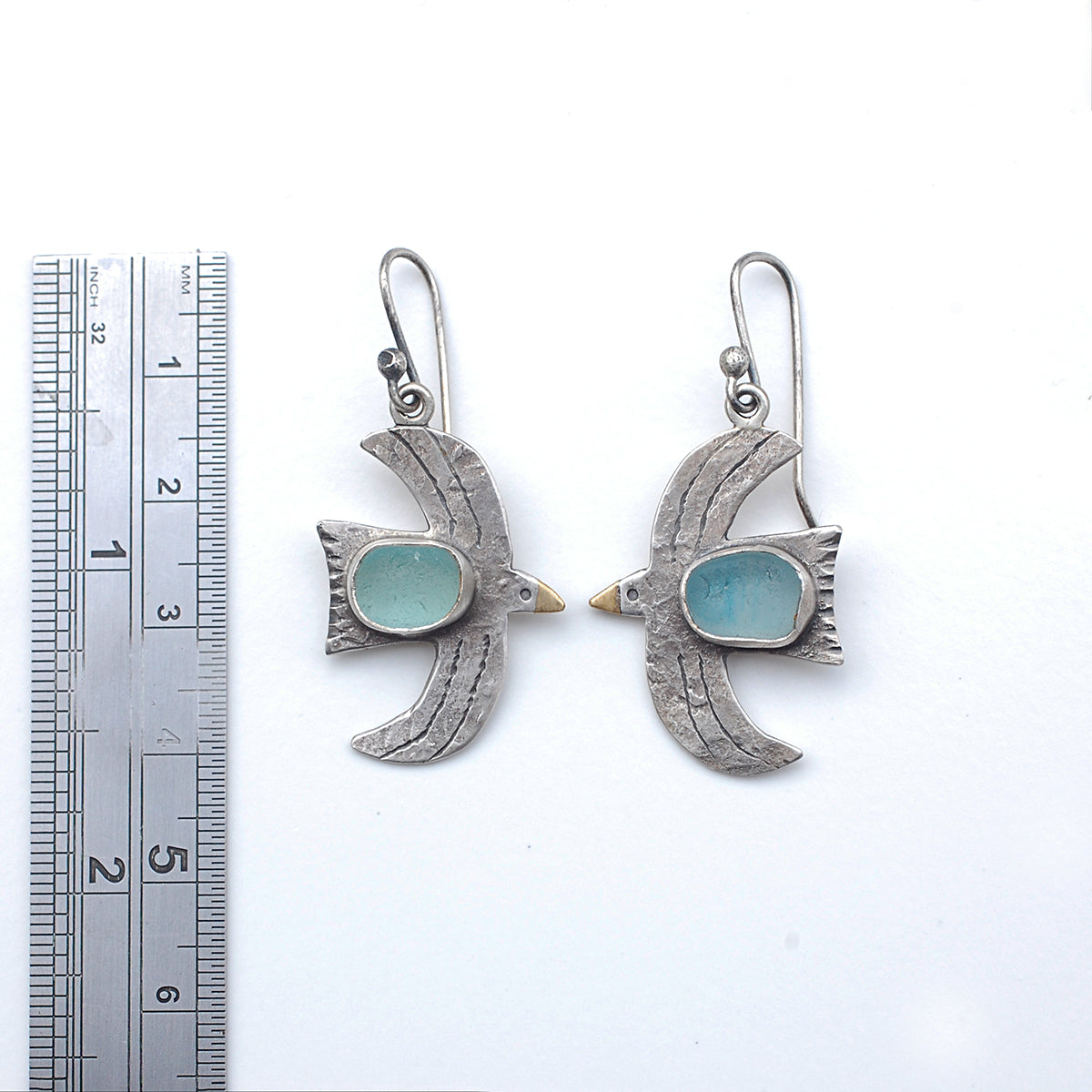 Rustic Seafoam Sea Glass Bird Earrings Large