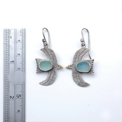 Rustic Seafoam Sea Glass Bird Earrings Large