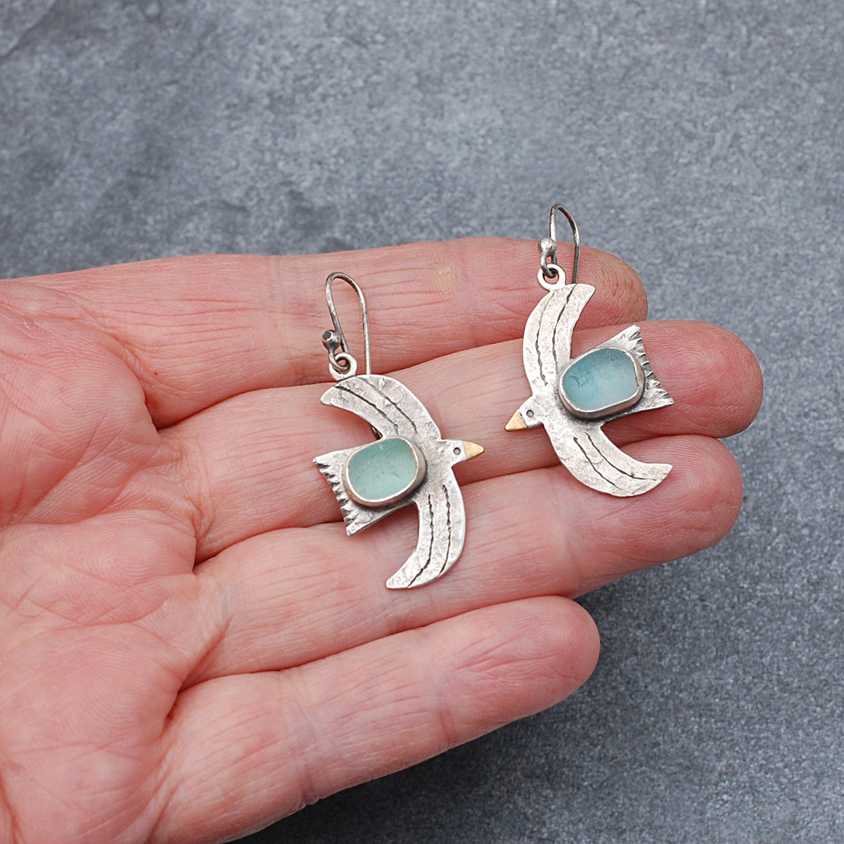 Rustic Seafoam Sea Glass Bird Earrings Large