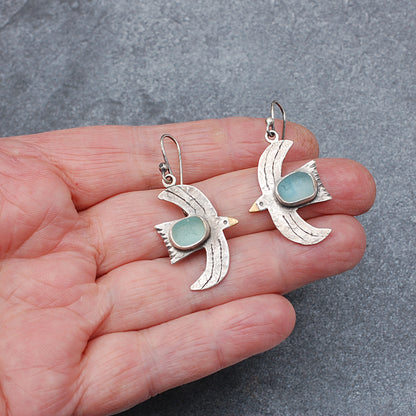 Rustic Seafoam Sea Glass Bird Earrings Large