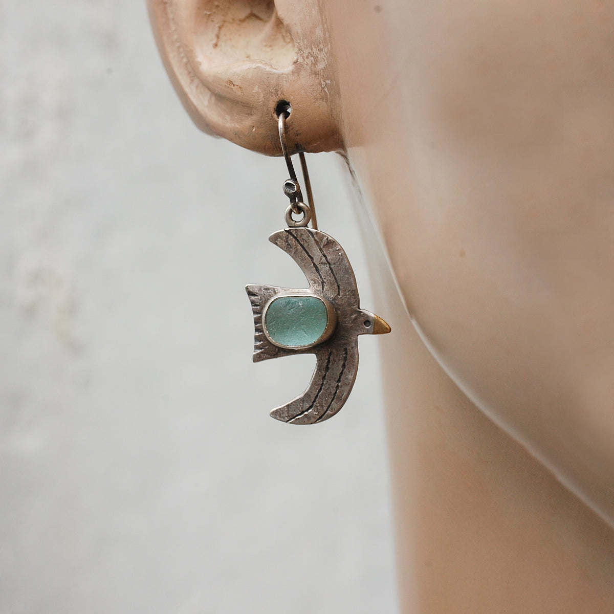 Rustic Seafoam Sea Glass Bird Earrings Large