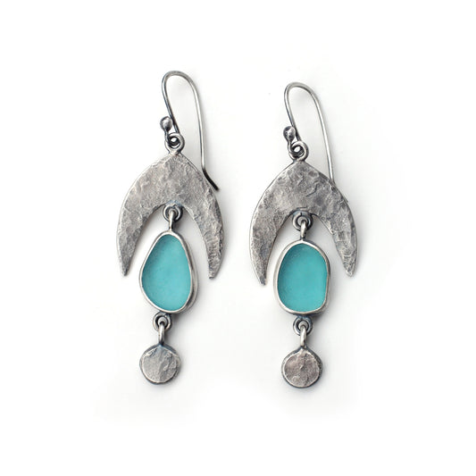 Hammered Teal Sea Glass Earrings with Dangles
