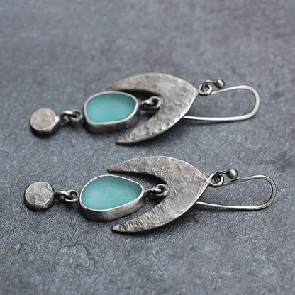 Hammered Teal Sea Glass Earrings with Dangles