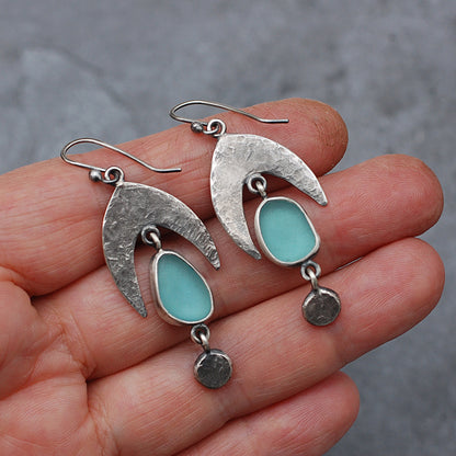 Hammered Teal Sea Glass Earrings with Dangles